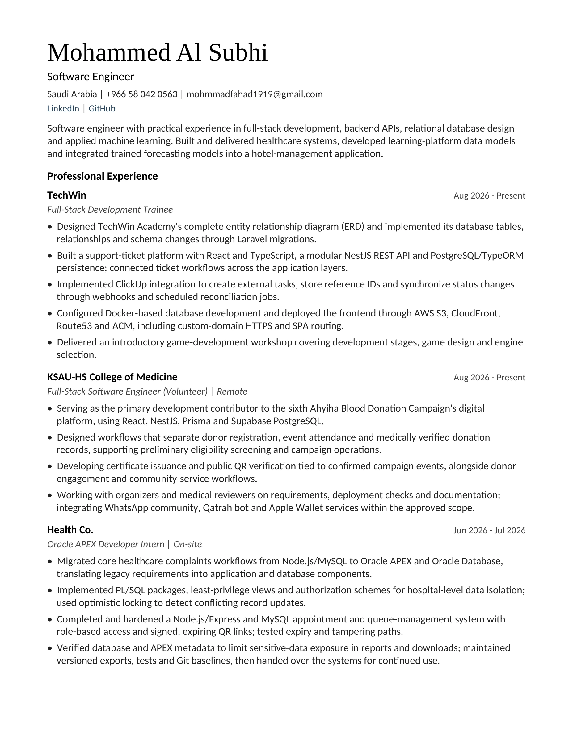 CV page 1: professional summary and experience at TechWin, KSAU-HS College of Medicine and Health Co.