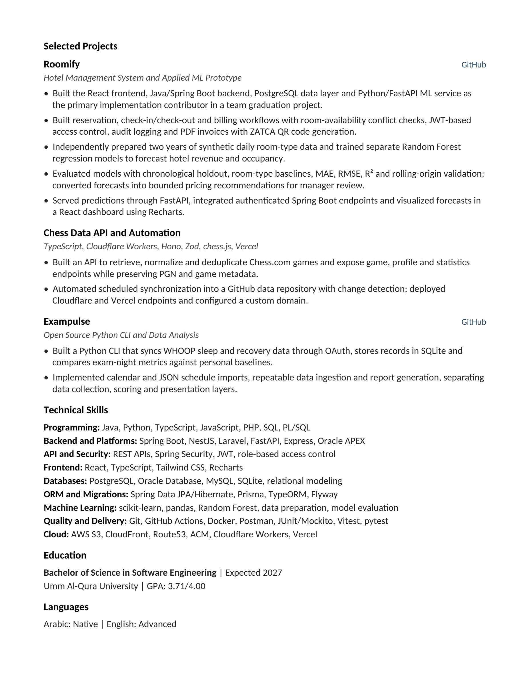 CV page 2: Roomify, Chess Data API, Exampulse, technical skills, education and languages.