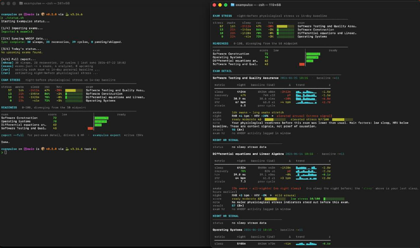 Exampulse status sync and exam-readiness reports shown in two terminal windows using demo data