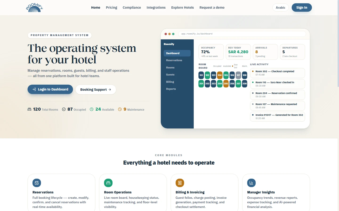 Roomify public homepage with an embedded hotel operations demo dashboard